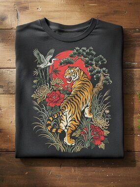 Retro Tiger Linocut Graphic Tee | Vintage Boho Cottagecore Shirt
